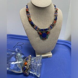 Vintage Traditional ETHNIC TIBETAN NECKLACE & Bracelet lapis lazuli color stones
